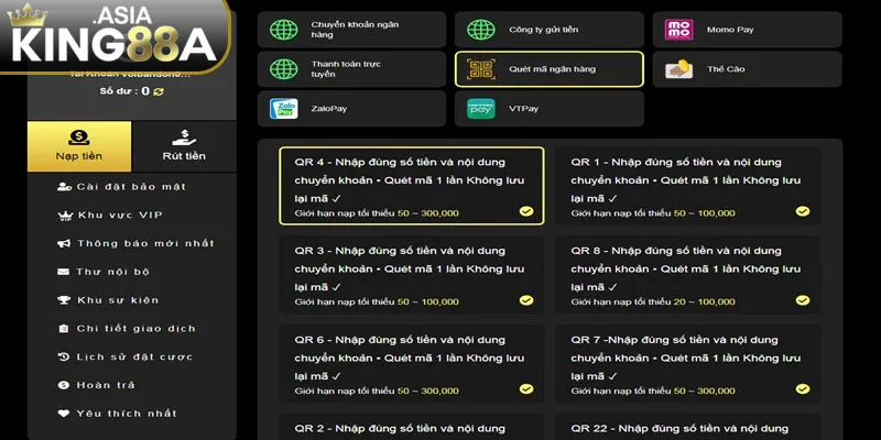 Nạp tiền King88 qua quét mã QR Code